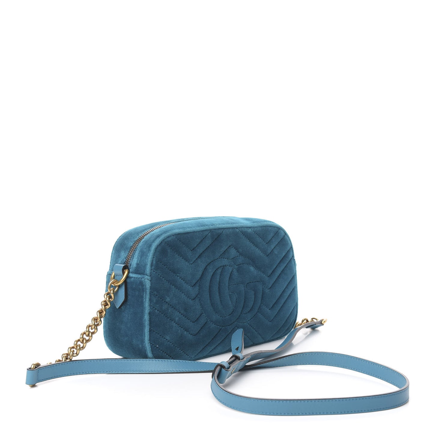 Velvet Matelasse Small GG Marmont Chain Shoulder Bag Pavone Cyan