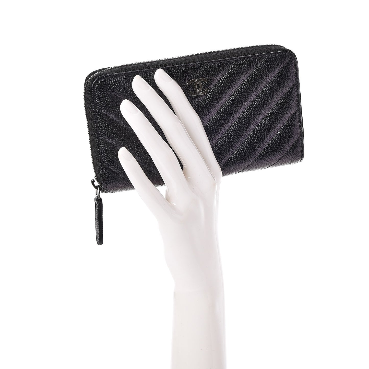 Iridescent Caviar Chevron Quilted Medium Zip Around Wallet Black
