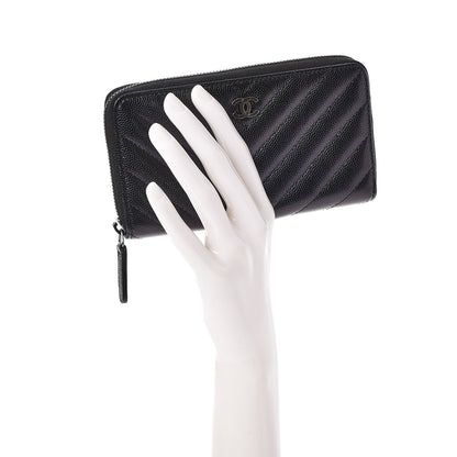 Chanel Iridescent Caviar Chevron Quilted Medium Zip Around Wallet Black 2 of 9