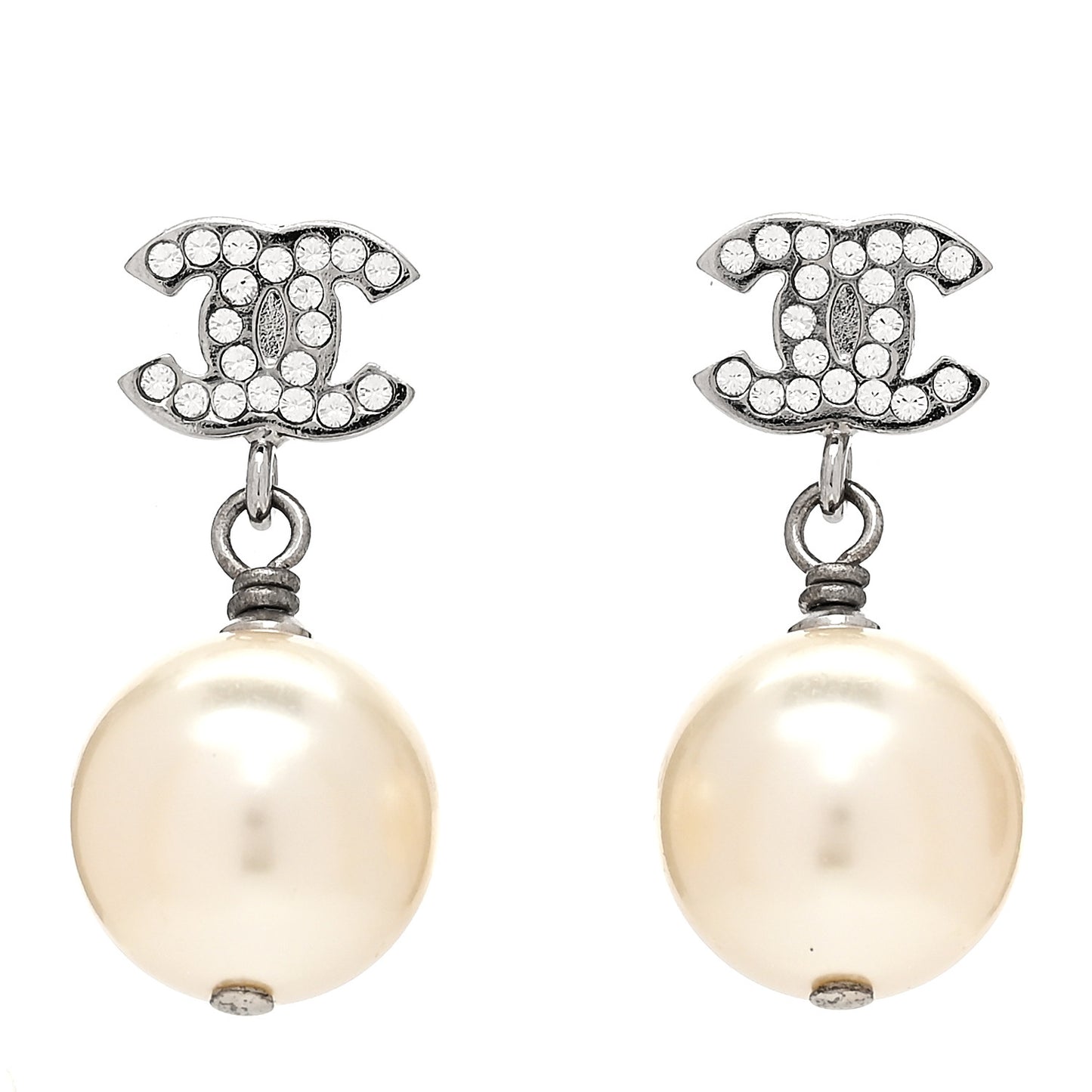 Crystal Pearl CC Drop Earrings Silver Pearly White