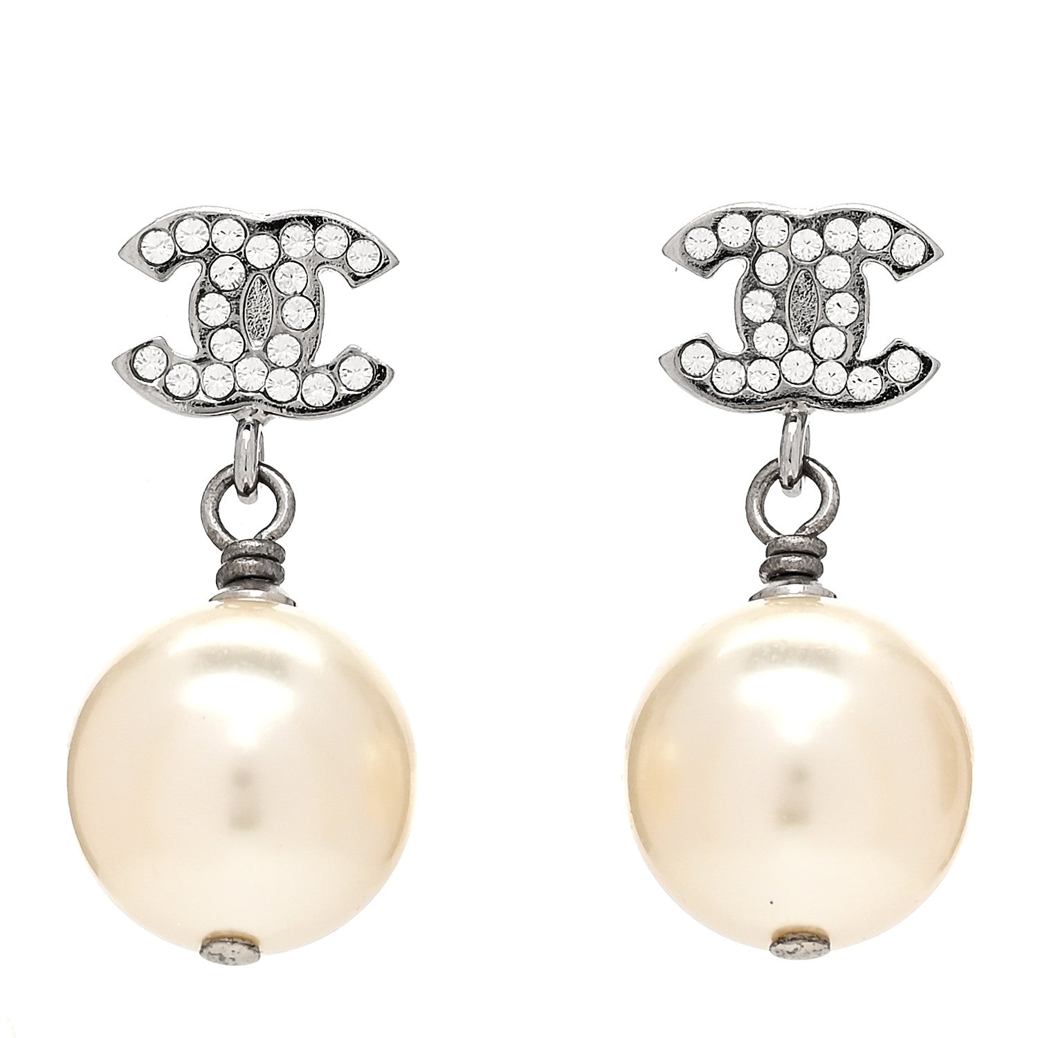 Chanel Crystal Pearl CC Drop Earrings Silver Pearly White 1 of 4