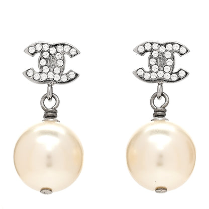 Chanel Crystal Pearl CC Drop Earrings Silver Pearly White 1 of 4