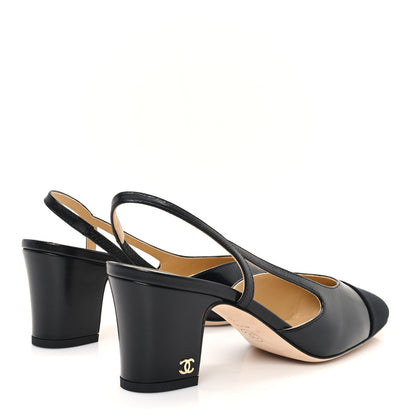 Chanel Goatskin Grosgrain Cap Toe CC Slingback Pumps 37 Black 5 of 10