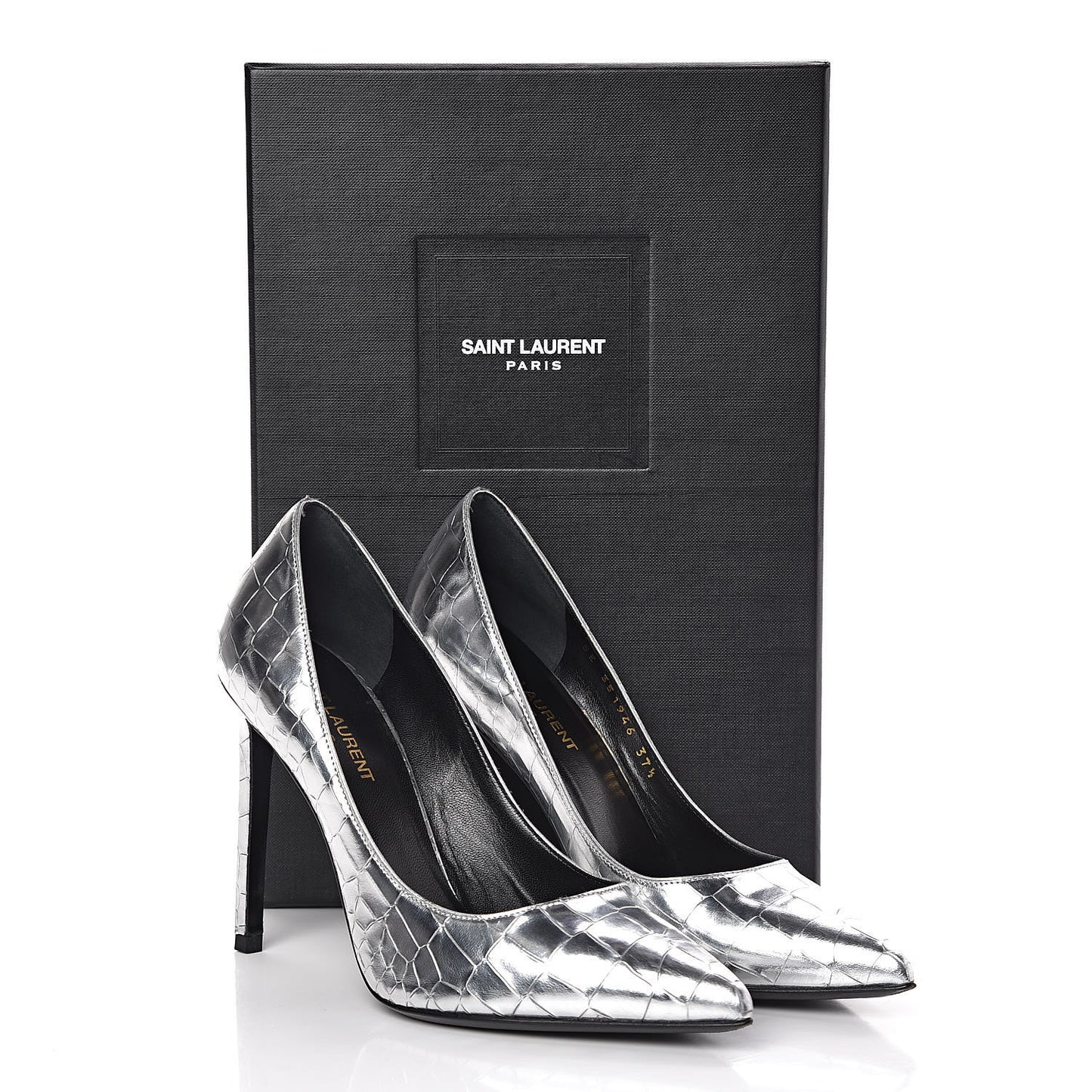 Metallic Calfskin Crocodile Embossed Paris 105 Pumps 37.5 Silver Moon