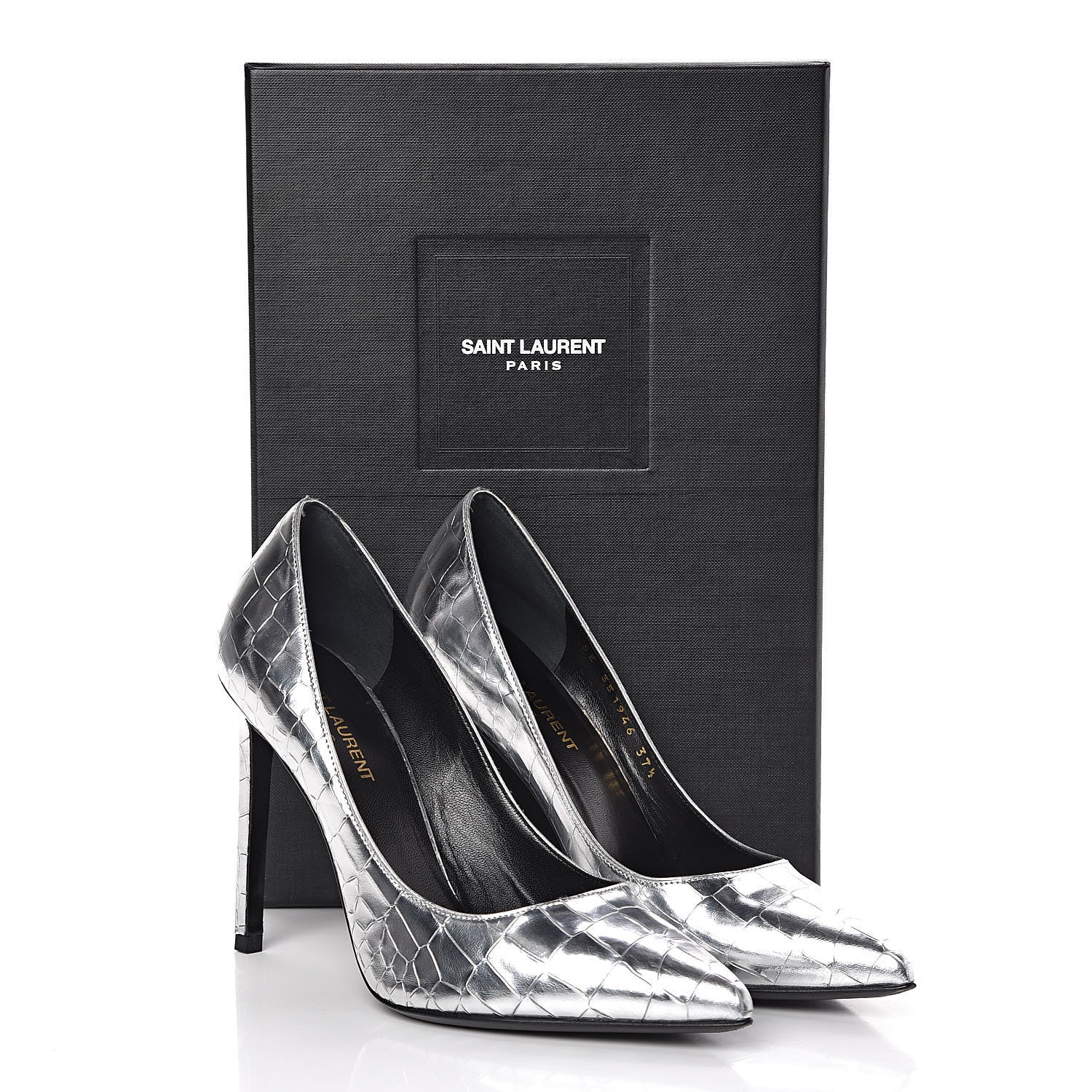 Saint Laurent Metallic Calfskin Crocodile Embossed Paris 105 Pumps 37.5 Silver Moon 8 of 8