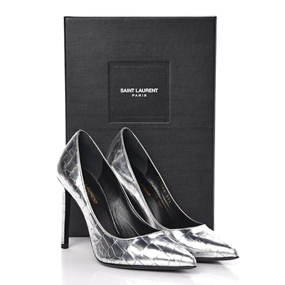 Saint Laurent Metallic Calfskin Crocodile Embossed Paris 105 Pumps 37.5 Silver Moon 8 of 8