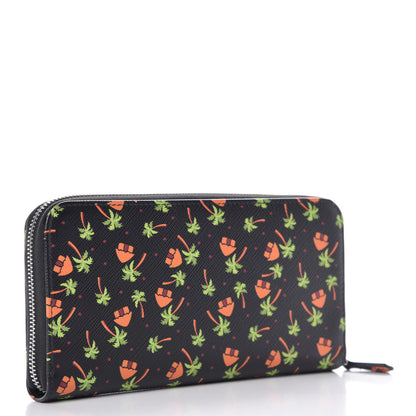 Prada Saffiano Palm Tree Print Zip Around Wallet Black 3 of 9