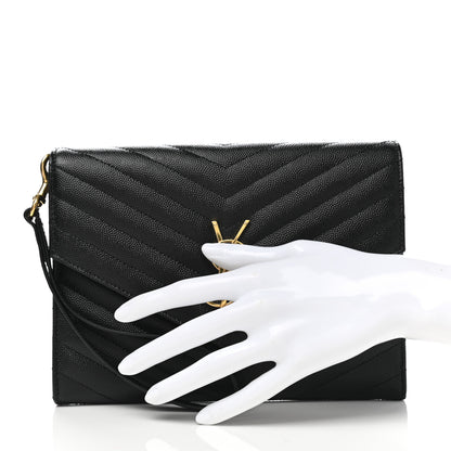 Saint Laurent Grain De Poudre Matelasse Chevron Monogram Envelope Clutch Black 3 of 8