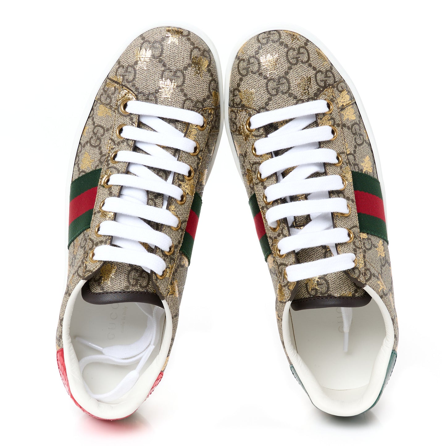 GG Supreme Monogram Bees Ayers Web Womens Ace Sneakers 37 Beige Oro Green Red