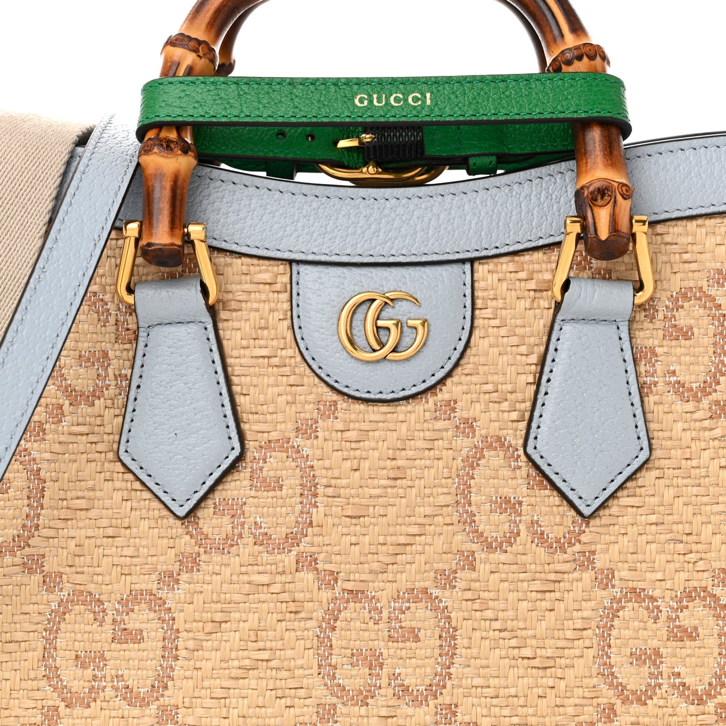 Raffia Textured Dollar Calfskin Web GG Monogram Small Diana Tote Bag Natural Brown New Shamarock Green