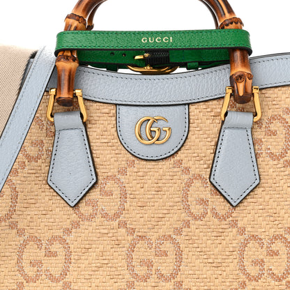 Gucci Raffia Textured Dollar Calfskin Web GG Monogram Small Diana Tote Bag Natural Brown New Shamarock Green 8 of 10