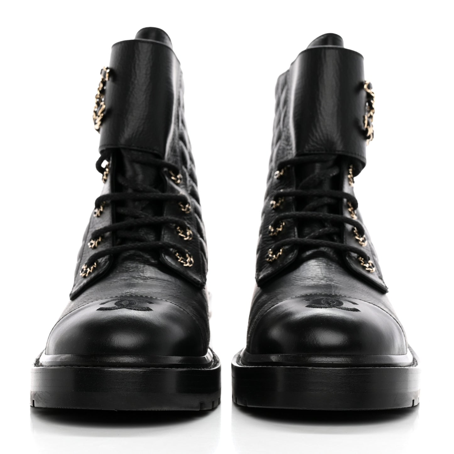 Shiny Lambskin Quilted Lace Up Combat Boots 42 Black