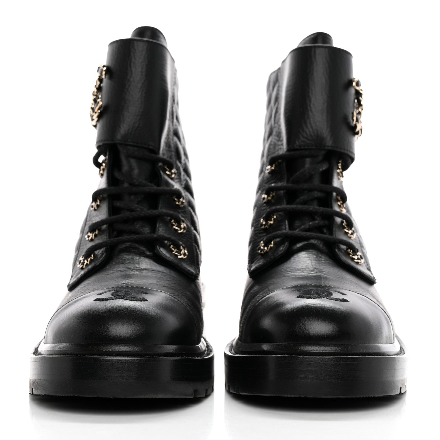 Chanel Shiny Lambskin Quilted Lace Up Combat Boots 42 Black 2 of 14