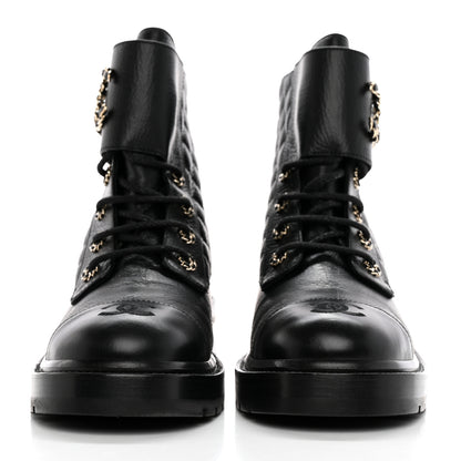 Chanel Shiny Lambskin Quilted Lace Up Combat Boots 42 Black 2 of 14