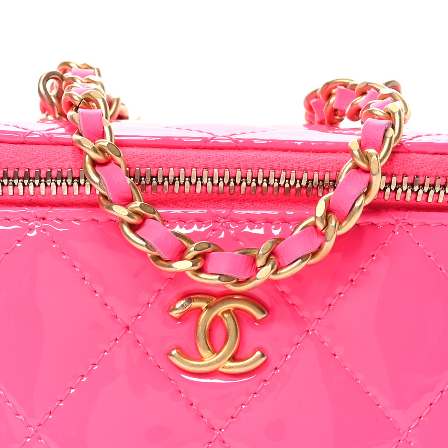 Chanel Patent Quilted Pearl Crush Mini Vanity Case With Chain Neon Pink 9 of 11