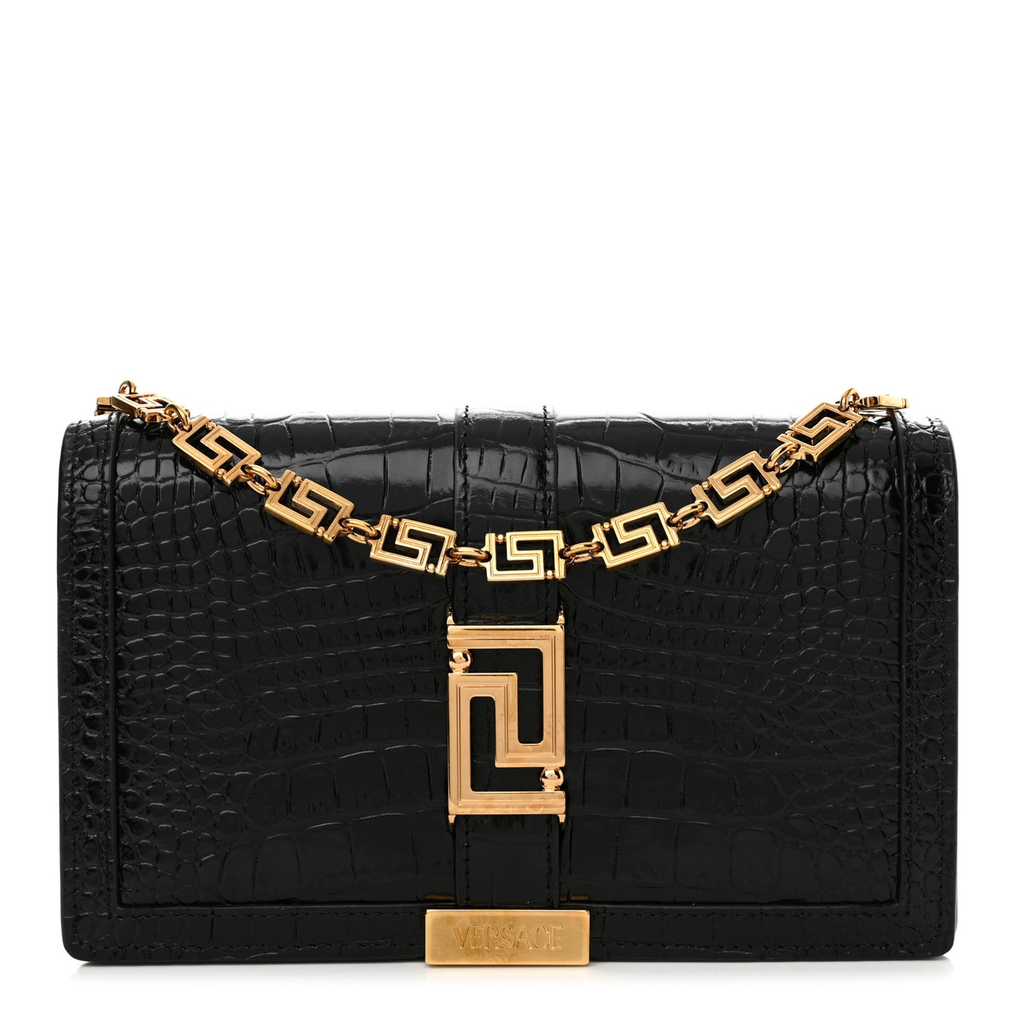 Crocodile Embossed Calfskin Greca Goddess Wallet On Chain Black