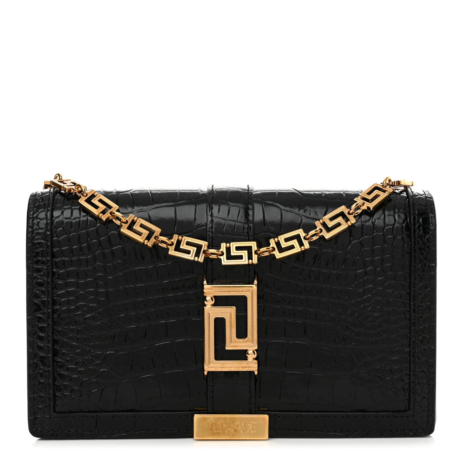 Versace Crocodile Embossed Calfskin Greca Goddess Wallet On Chain Black 1 of 10