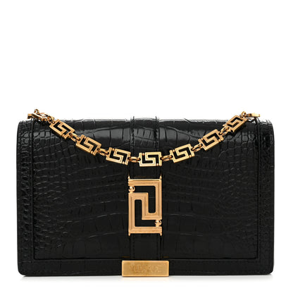 Versace Crocodile Embossed Calfskin Greca Goddess Wallet On Chain Black 1 of 10