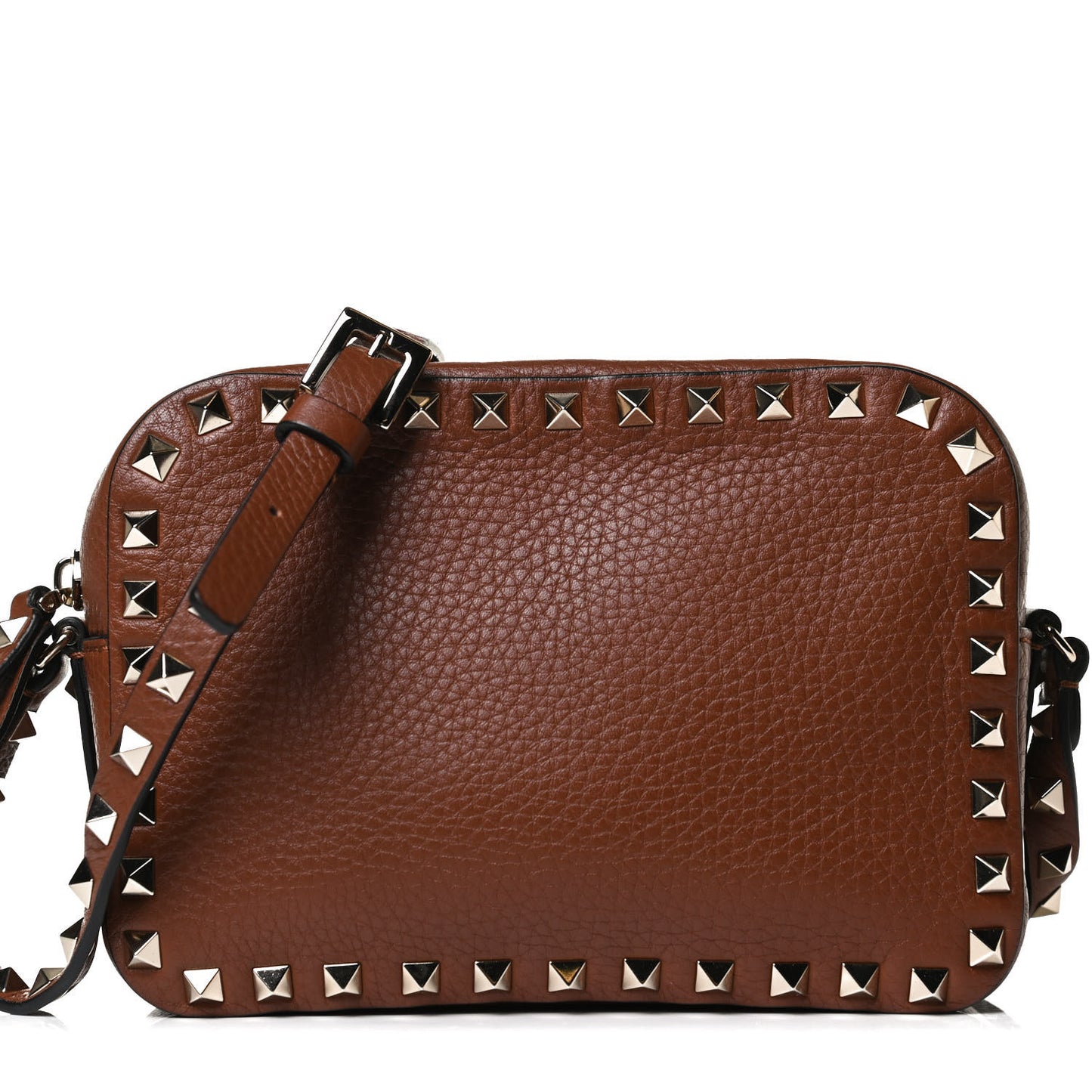 Pebbled Calfskin Rockstud Camera Crossbody Bag Tan