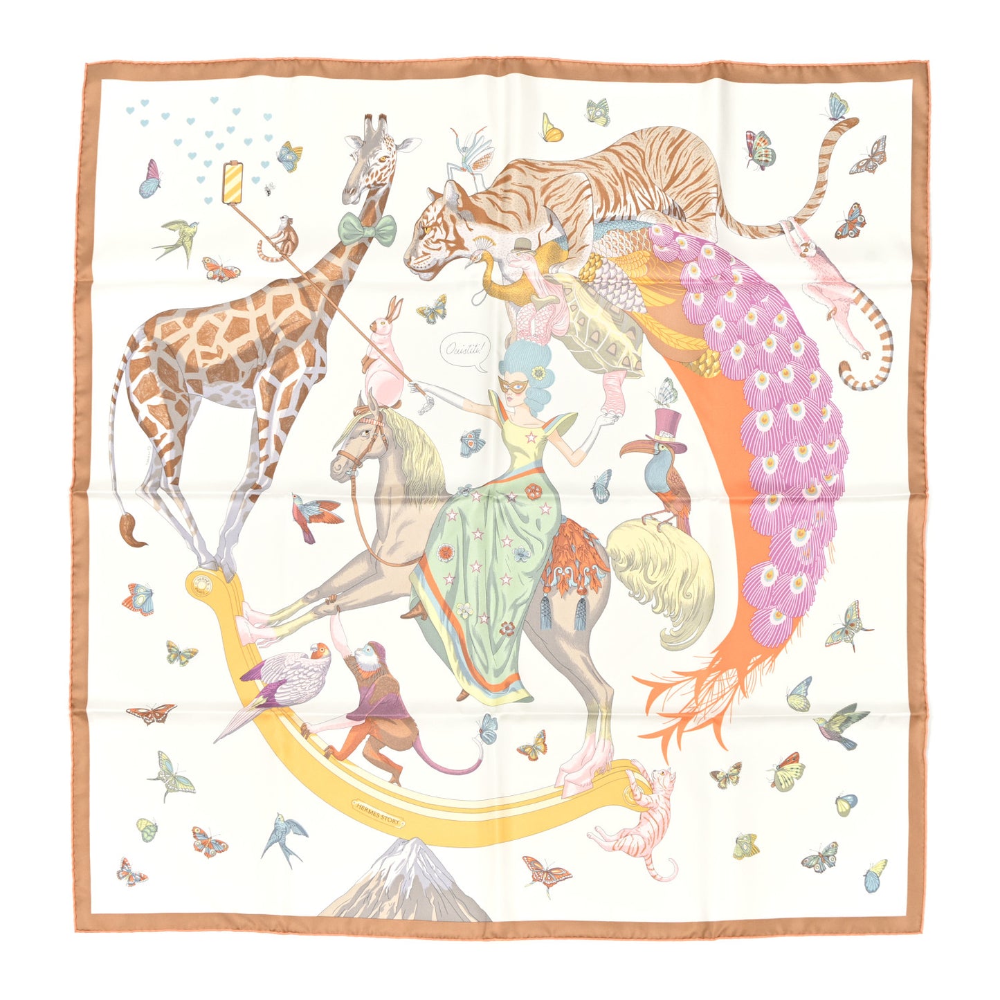 Silk Hermes Story Scarf 90 White Beige Multicolor