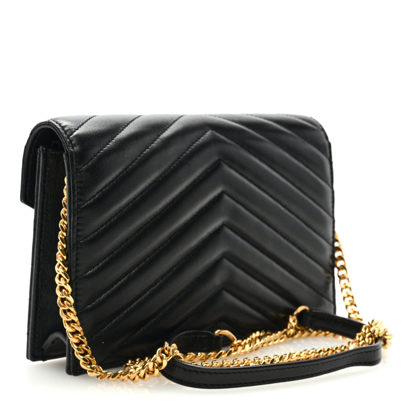Matelasse Chevron Monogram Envelope Chain Wallet Black
