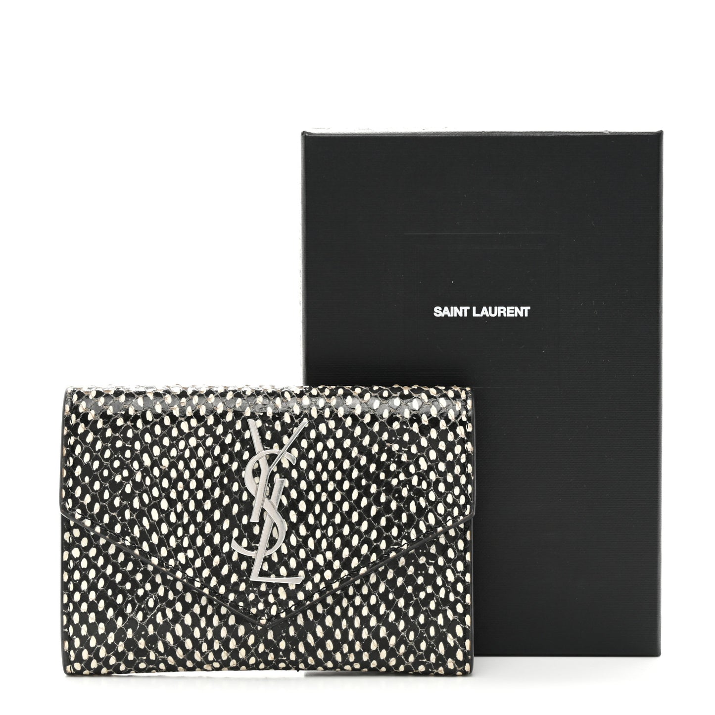 Calfskin Lambskin Snakeskin Embossed Small Monogram Envelope Wallet Black White