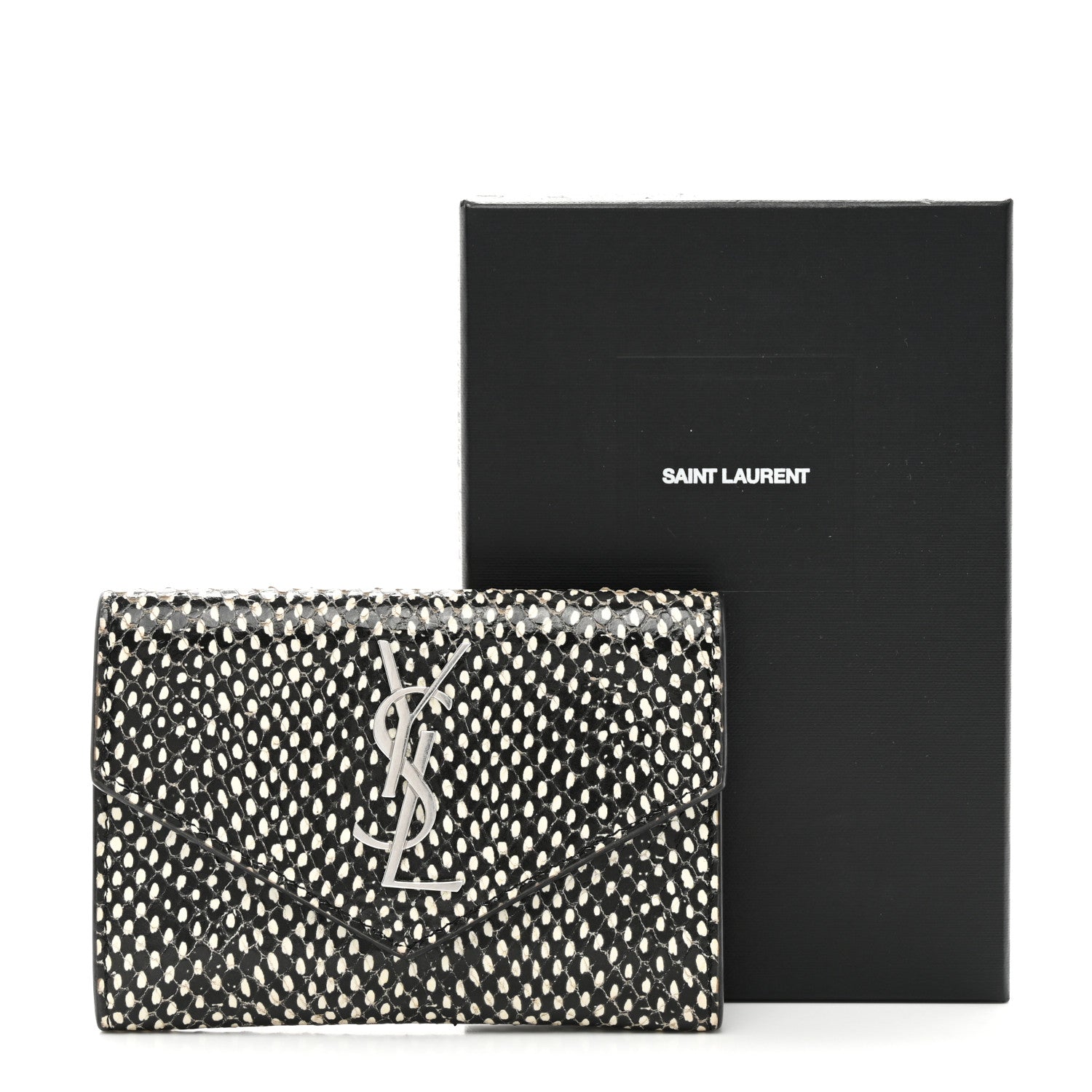 Saint Laurent Calfskin Lambskin Snakeskin Embossed Small Monogram Envelope Wallet Black White 9 of 9