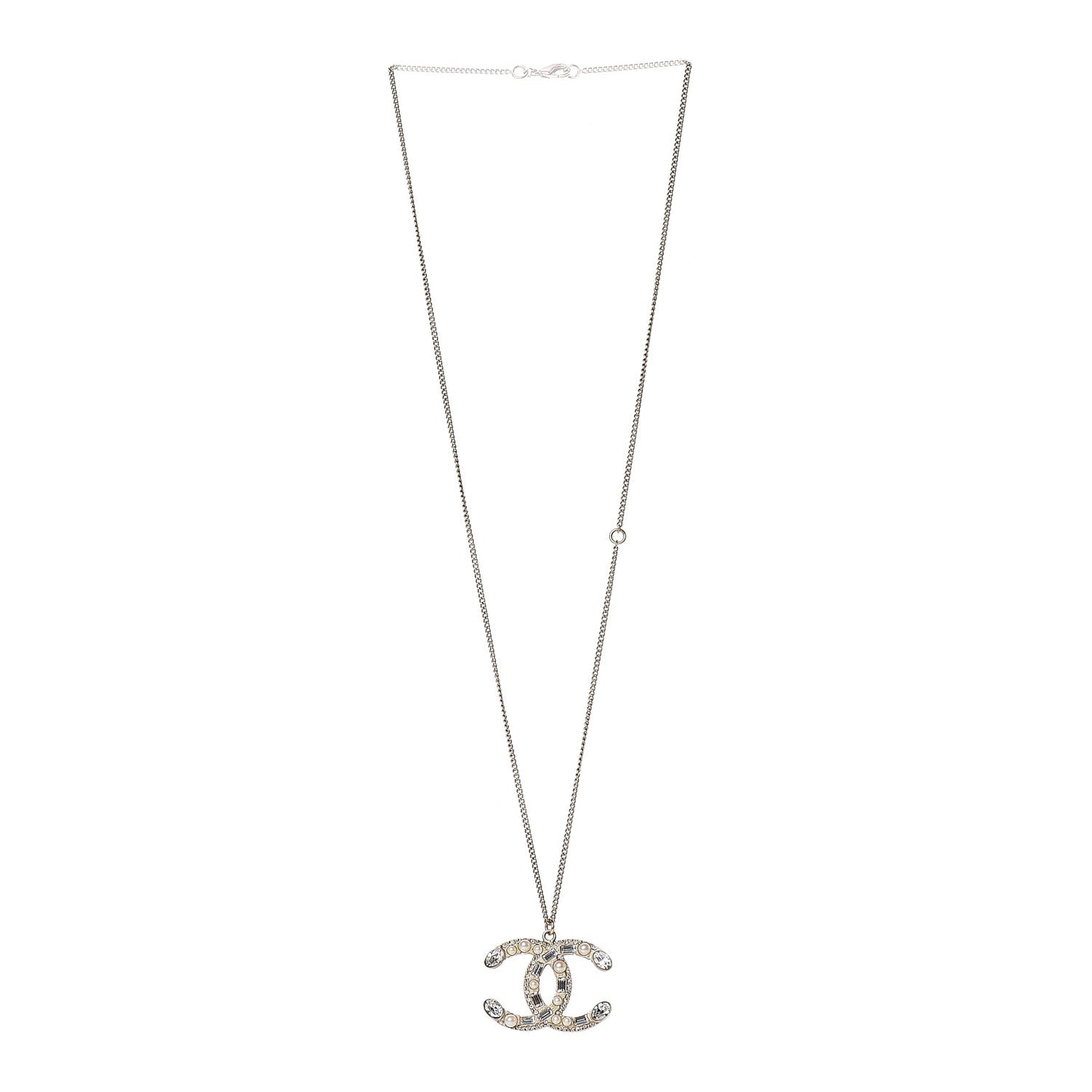 Pearl Crystal Baguette CC Pendant Necklace Gold