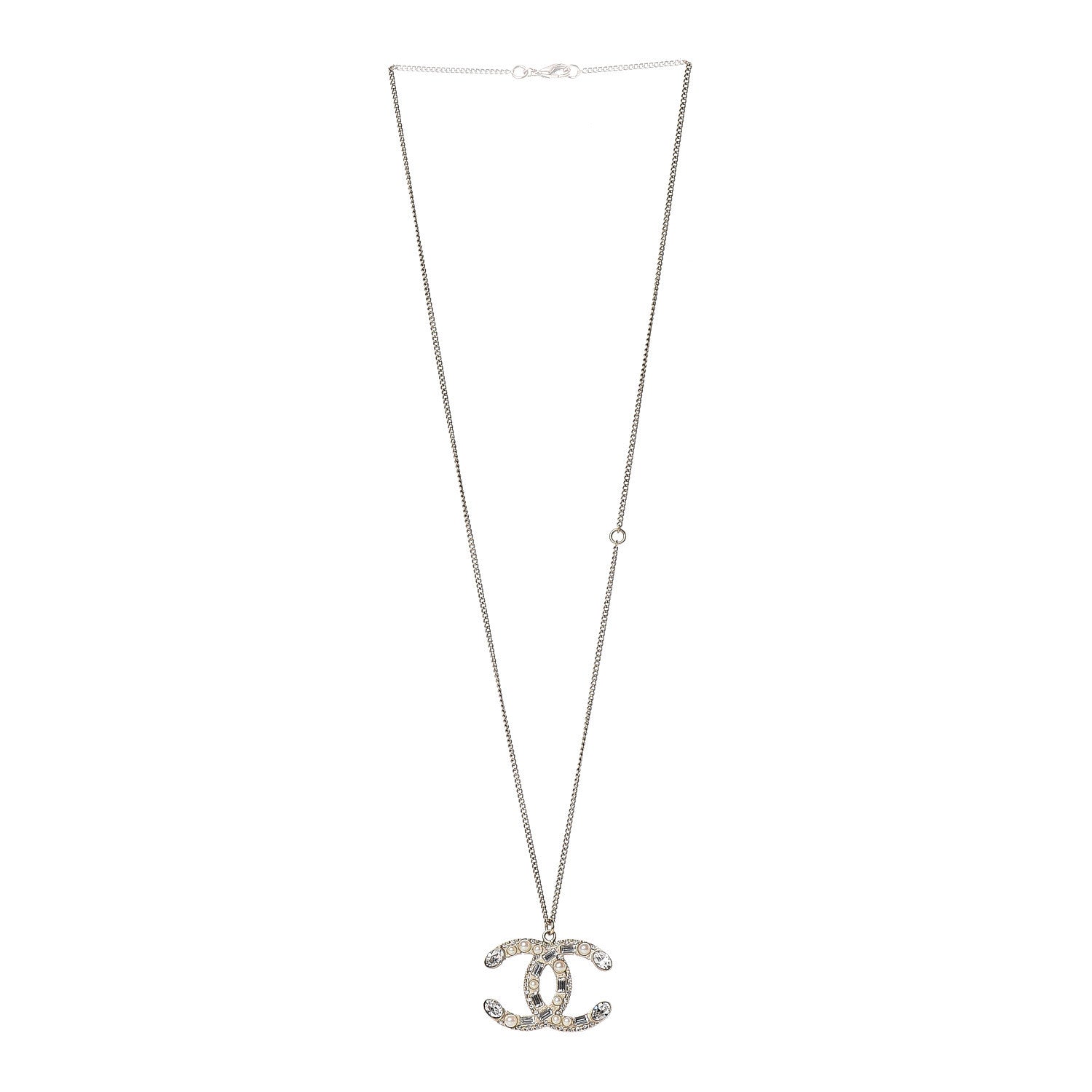 Chanel Pearl Crystal Baguette CC Pendant Necklace Gold 3 of 5