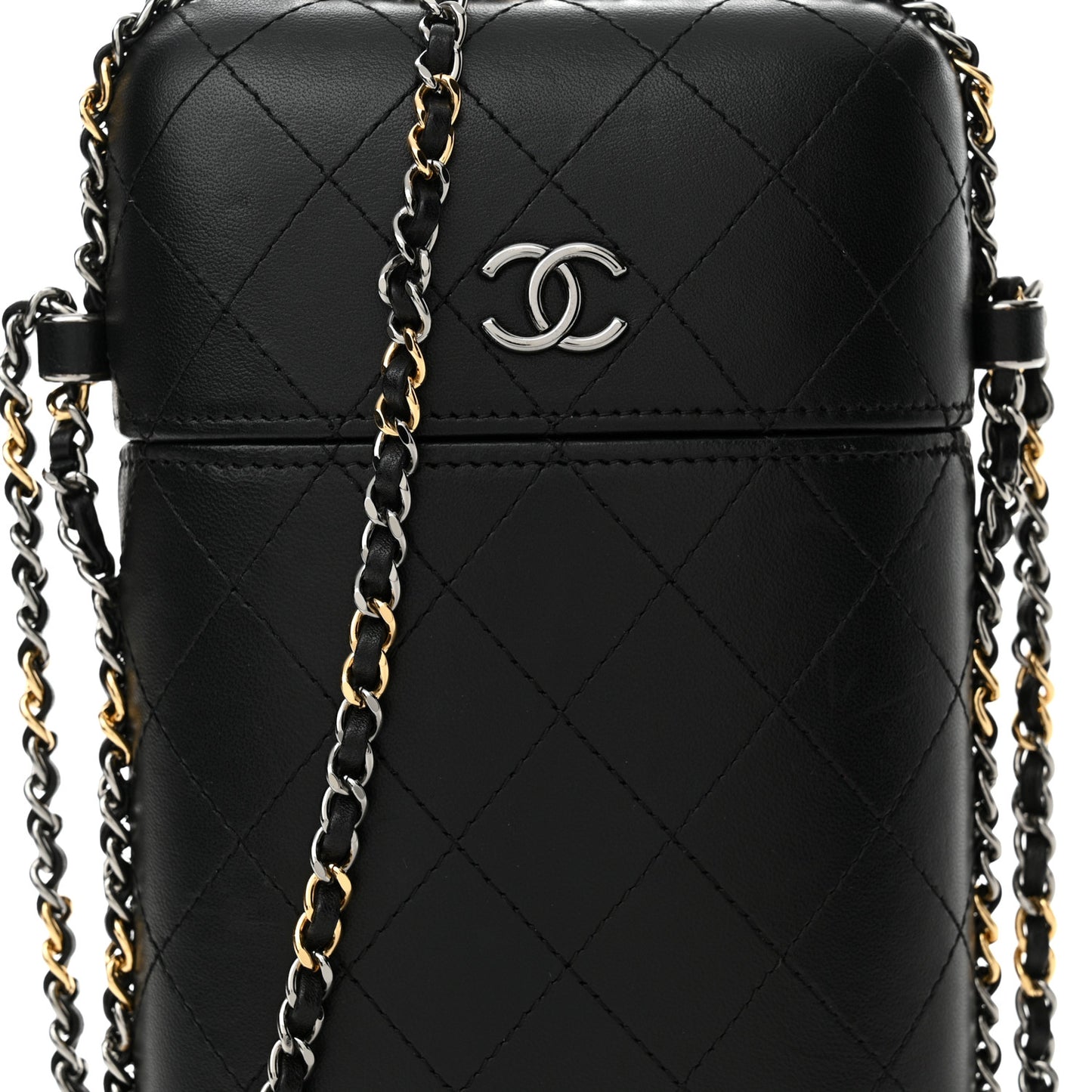 Lambskin Quilted Chain Around Phone Holder Black