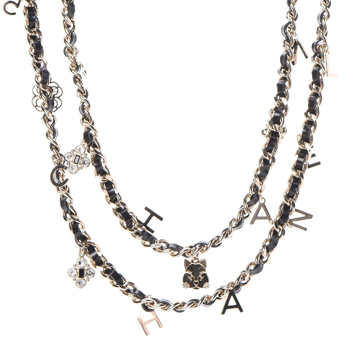 Lambskin CC Long Chain Necklace Black Gold