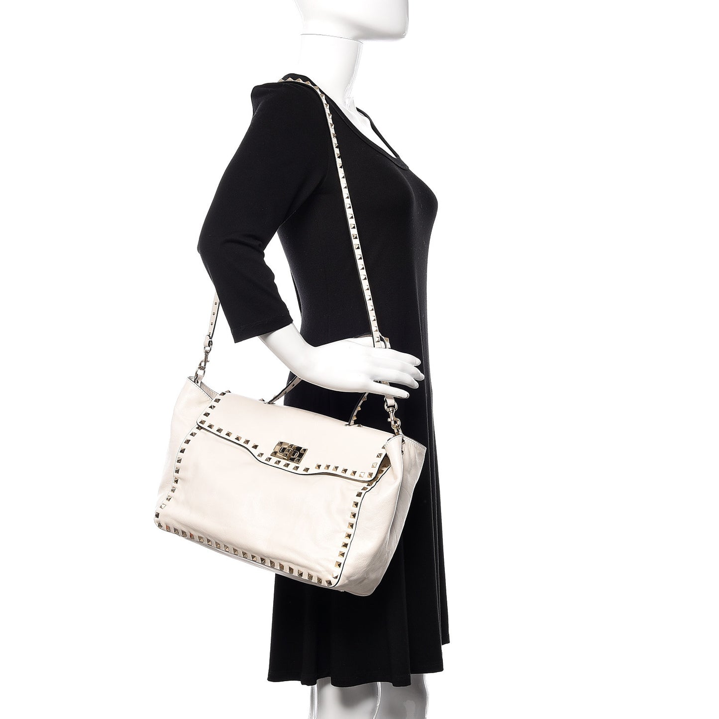 Vitello Rockstud Single Handle Flap Tote White