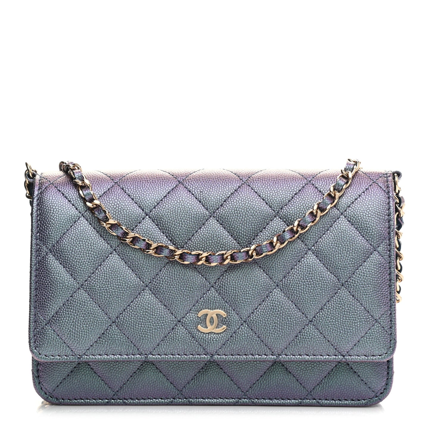 Iridescent Caviar Quilted Wallet On Chain WOC Dark Blue