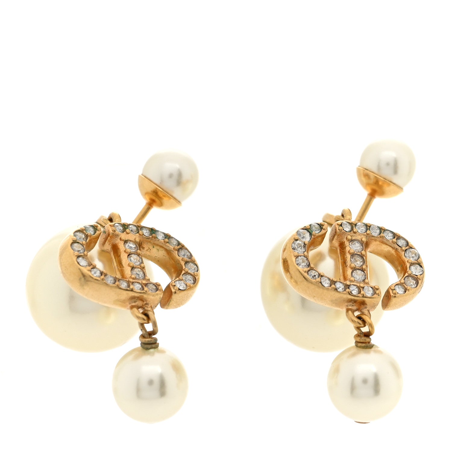 Christian Dior Pearl Crystal Tribal CD Drop Earrings Gold 1 of 5