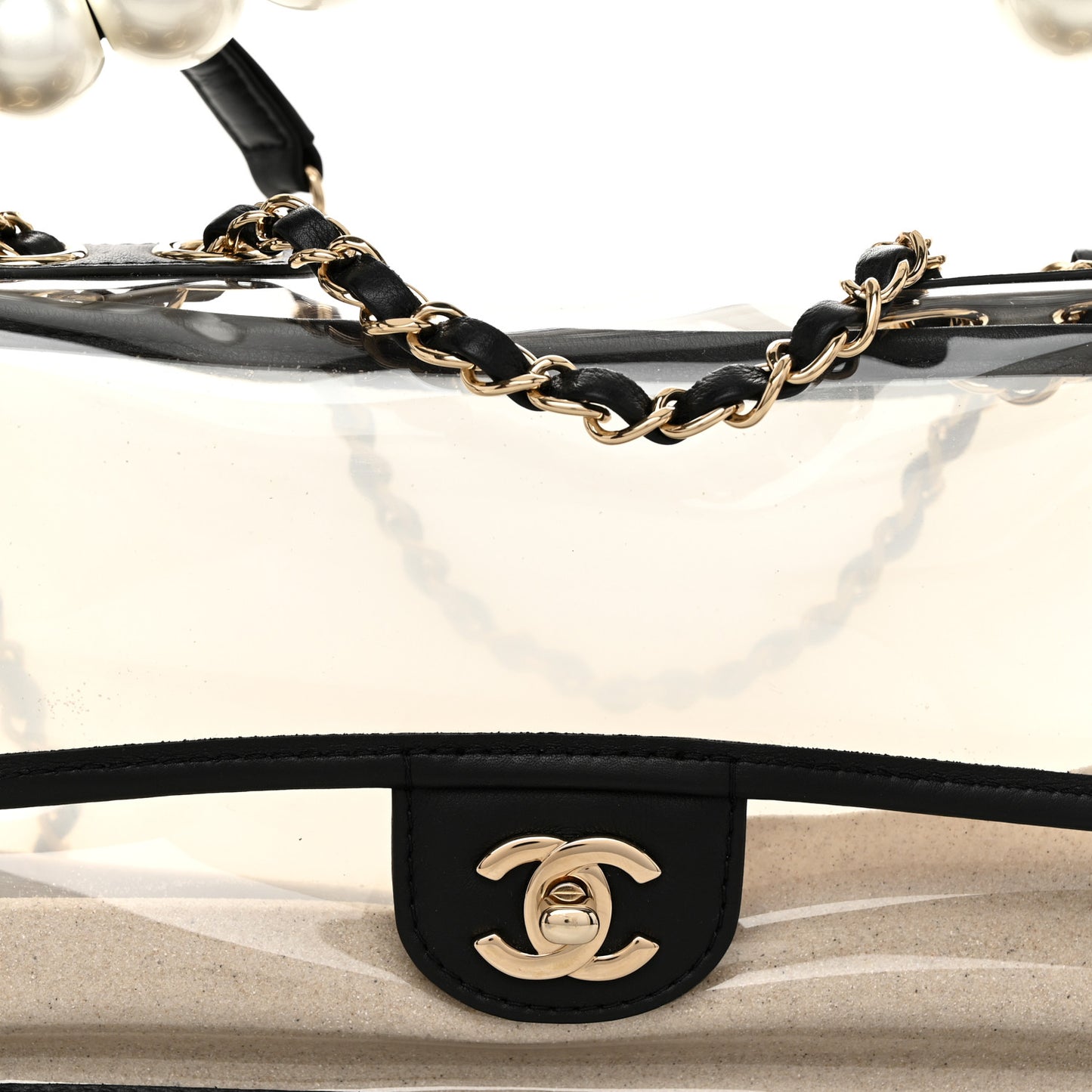 Lambskin PVC Sand By The Sea Flap With Pearl Strap Black