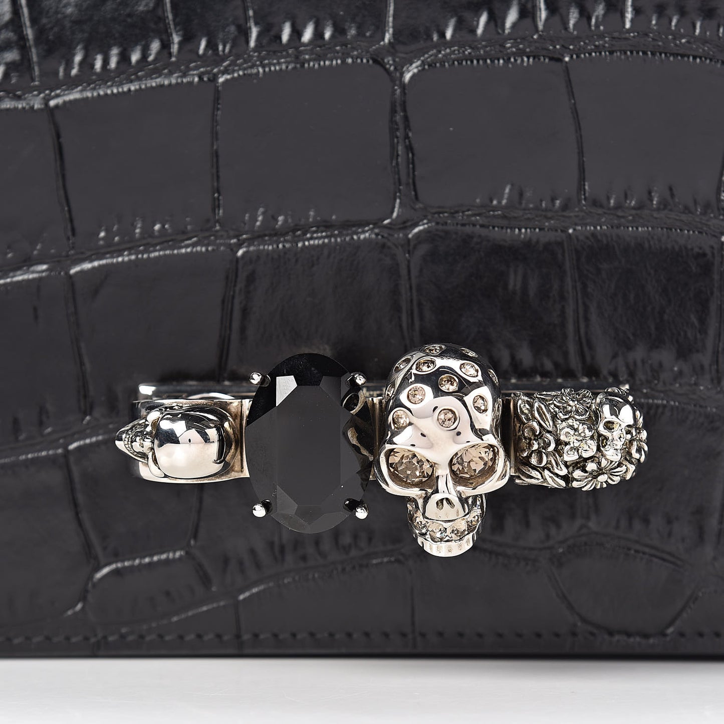Calfskin Crocodile Embossed Knuckle Shoulder Bag Black
