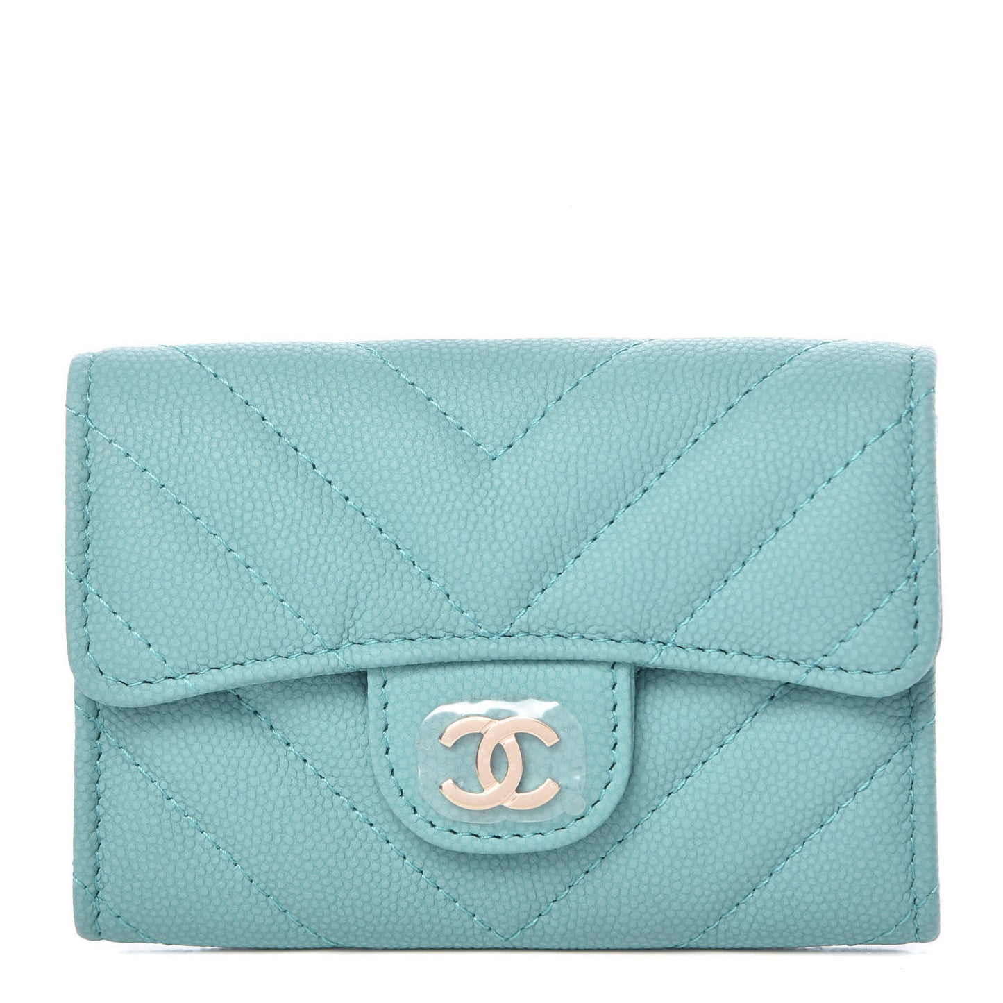 Caviar Chevron Quilted Card Holder Wallet Turquoise