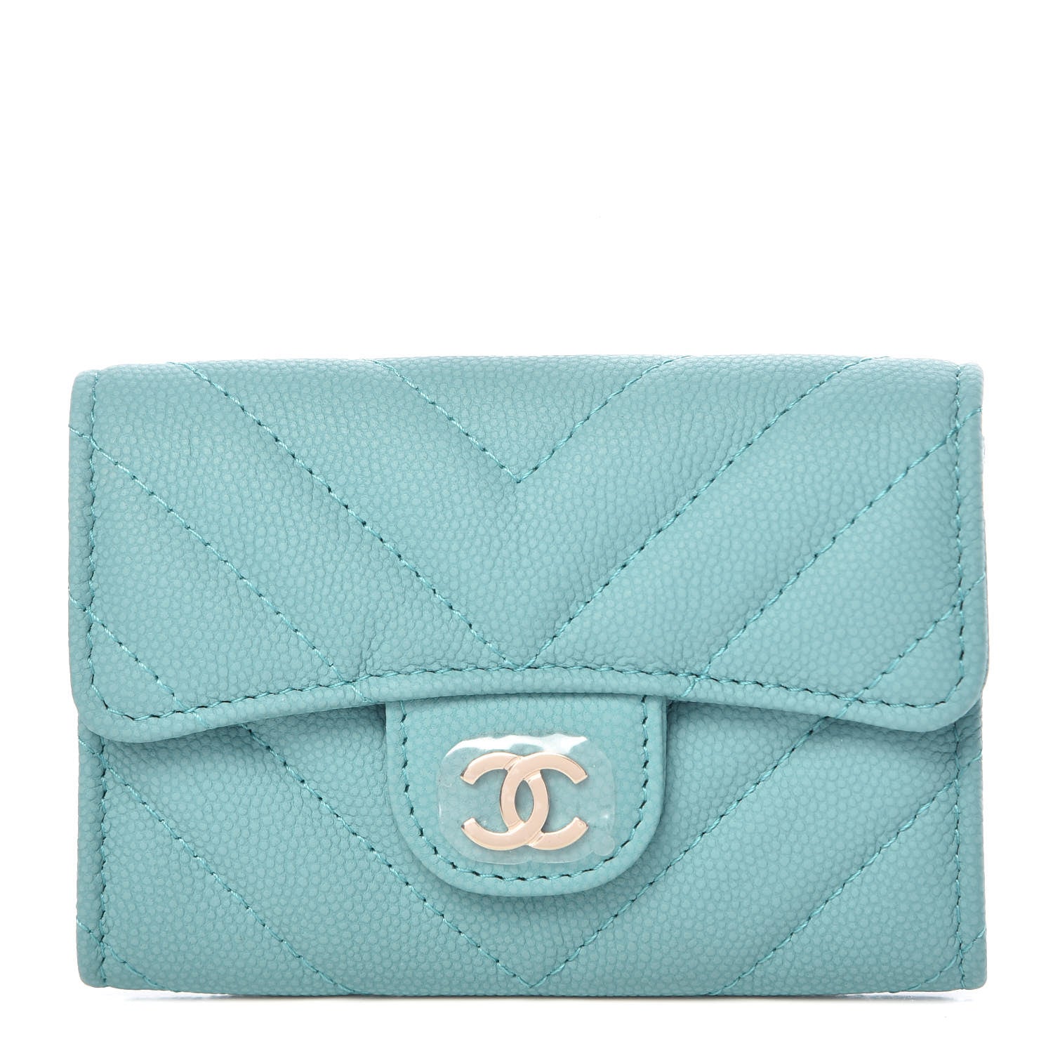 Chanel Caviar Chevron Quilted Card Holder Wallet Turquoise 1 of 9
