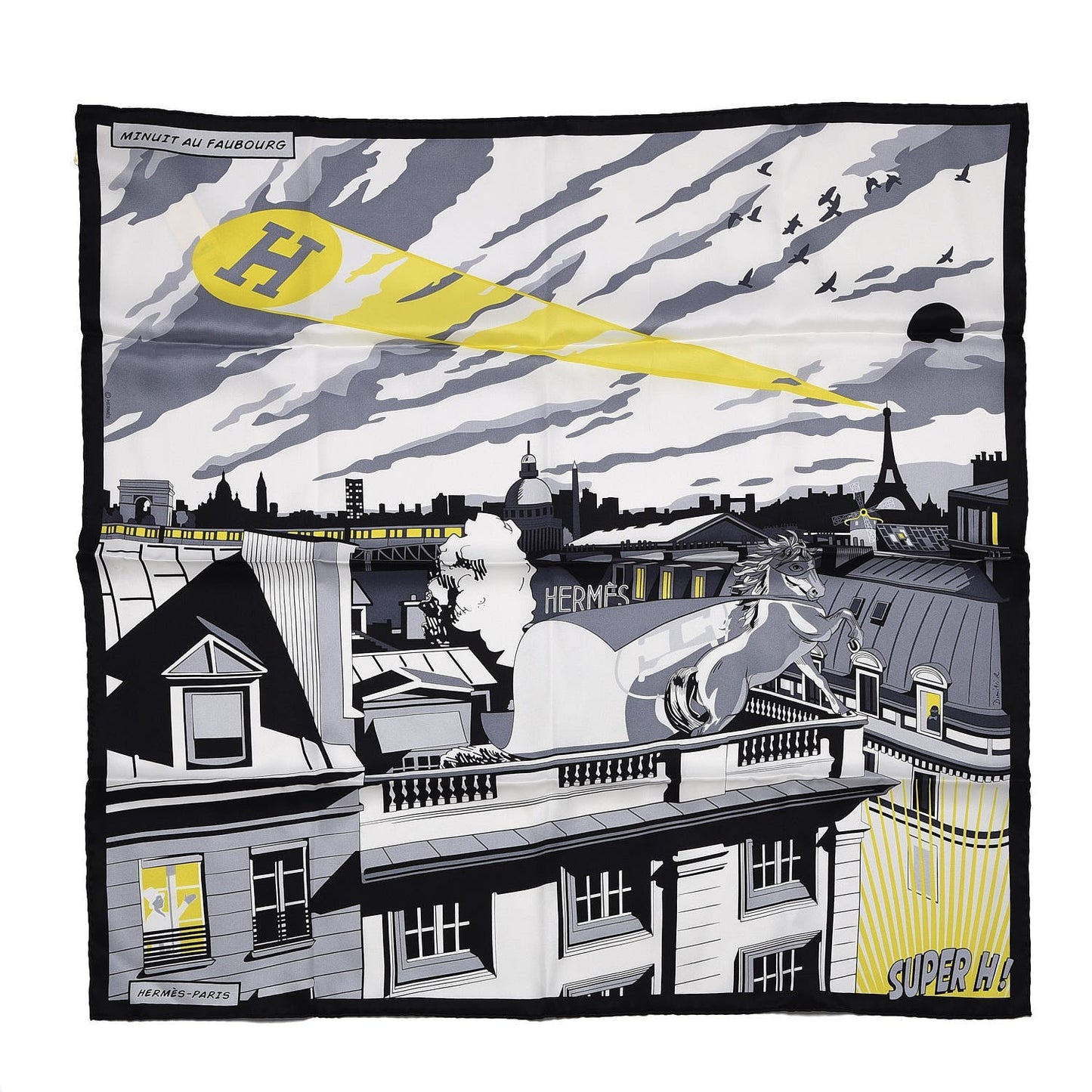 Silk Minuit Au Faubourg Scarf 70 Anthracite Blanc Jaune Vif