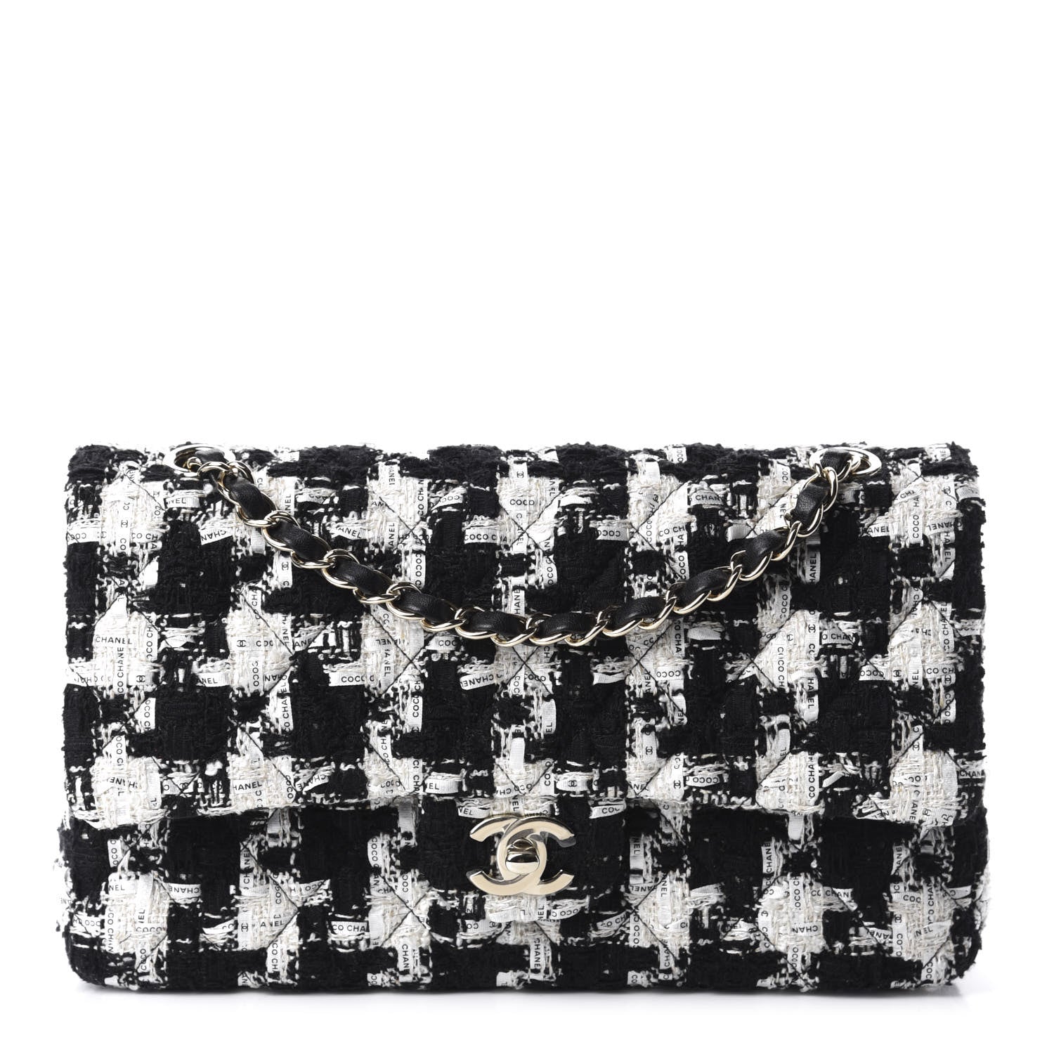 Chanel Tweed Quilted Medium Double Flap Black Ecru White 1 of 12