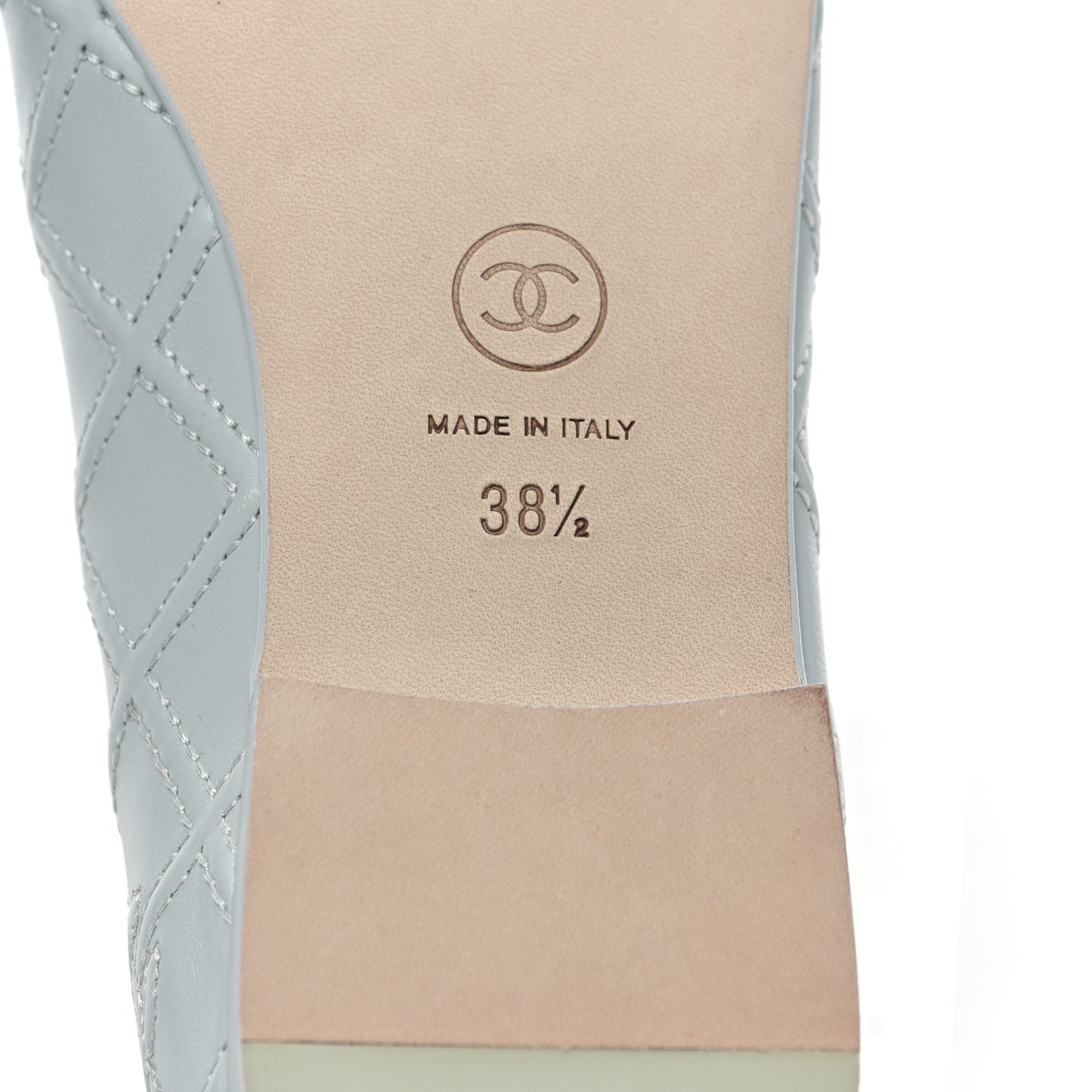 Lambskin Patent Double Stitched CC Cap Toe Ballerina Flats 38.5 Light Blue White