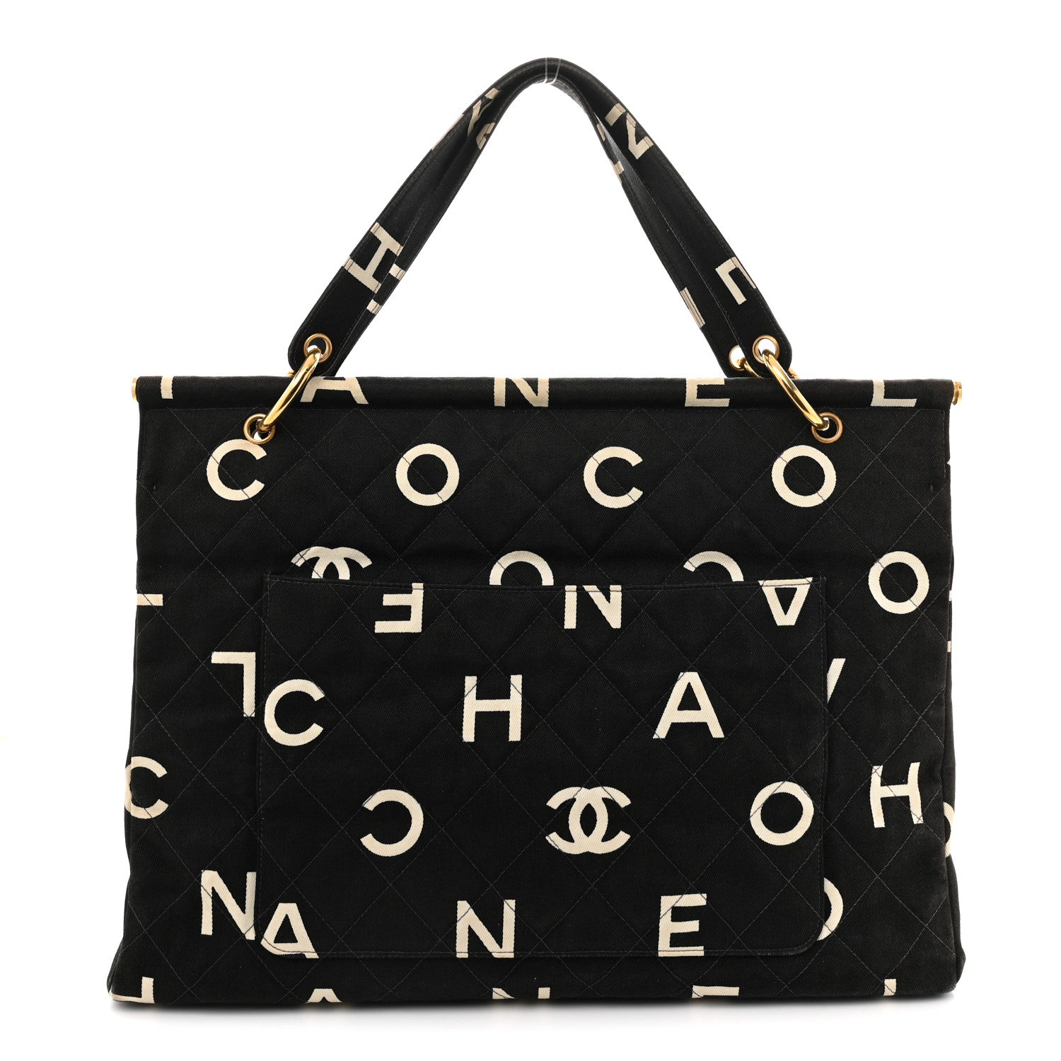 Chanel Canvas Printed Quilted Logo Tote Black White 1 of 10