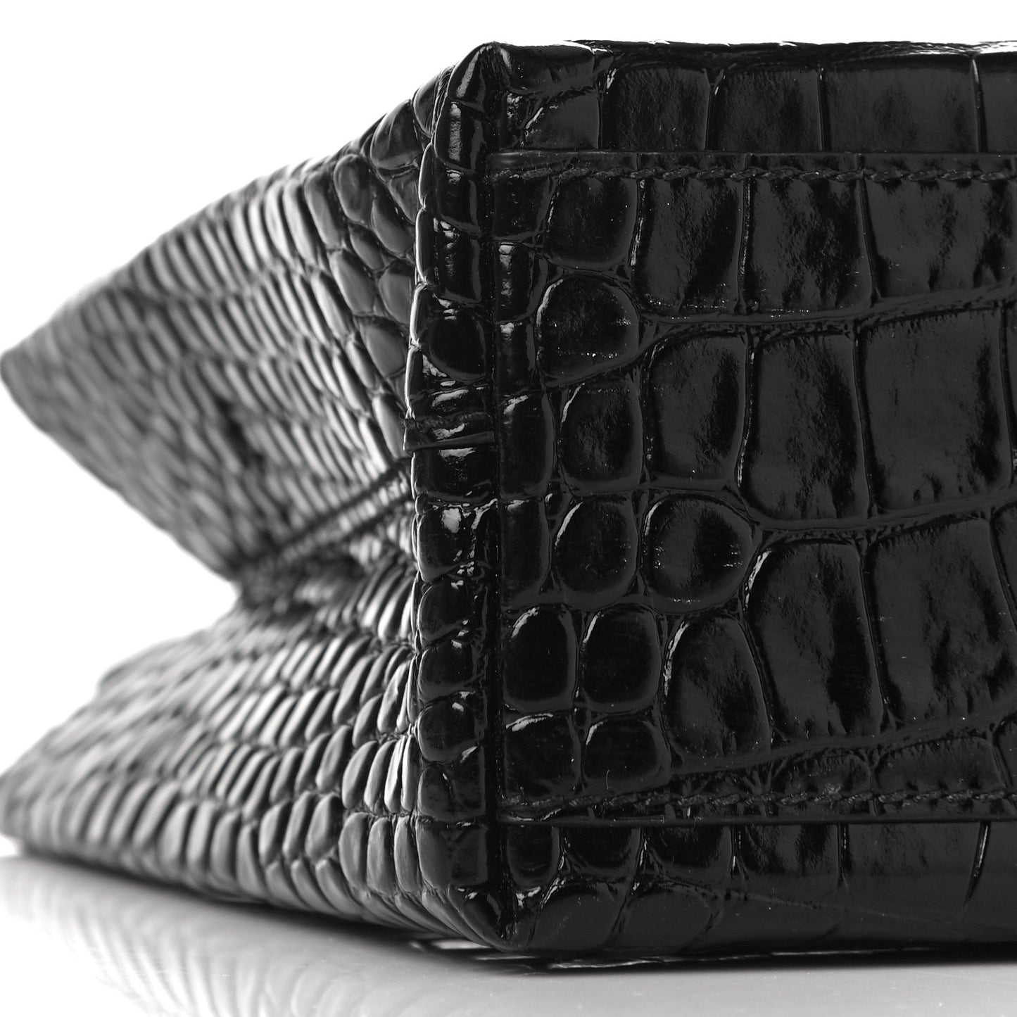 Shiny Calfskin Logo Crocodile Embossed North South Shopper Tote XXS Black White