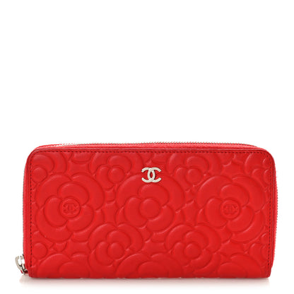 Chanel Lambskin Camellia Embossed Large Zip Around Gusset Wallet Red 1 of 9
