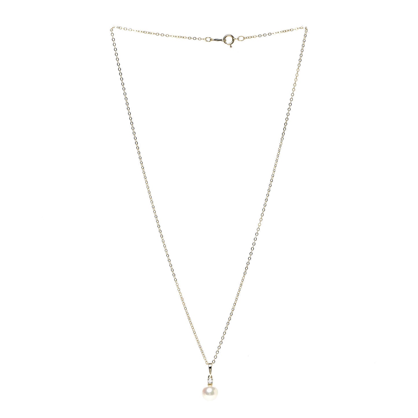 18K Yellow Gold Diamond Akoya Pearl 7mm Drop Pendant Necklace