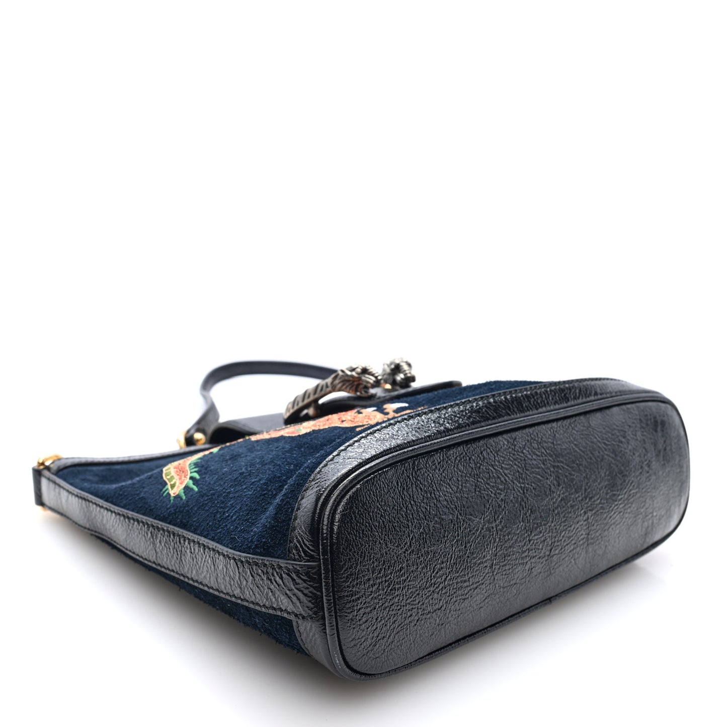 Suede Patent Dragon Embroidered Medium Dionysus Bucket Bag Dark Blue