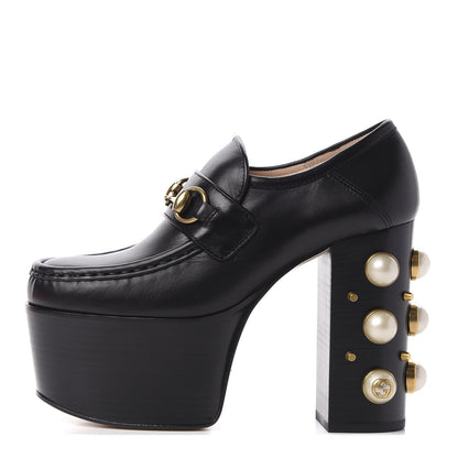 Gucci Malaga Kid Pearl Studded Vegas Platform Loafers 35 Black 1 of 11