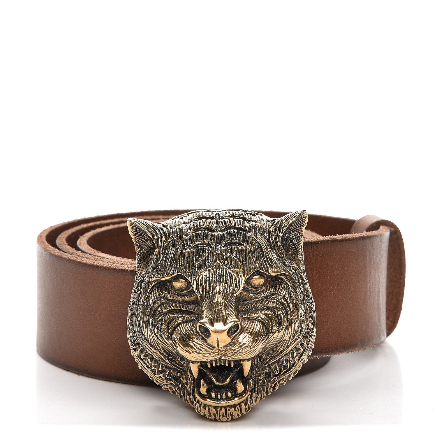 Gucci Calfskin Brass Feline Buckle Belt 80 32 Brown 1 of 6