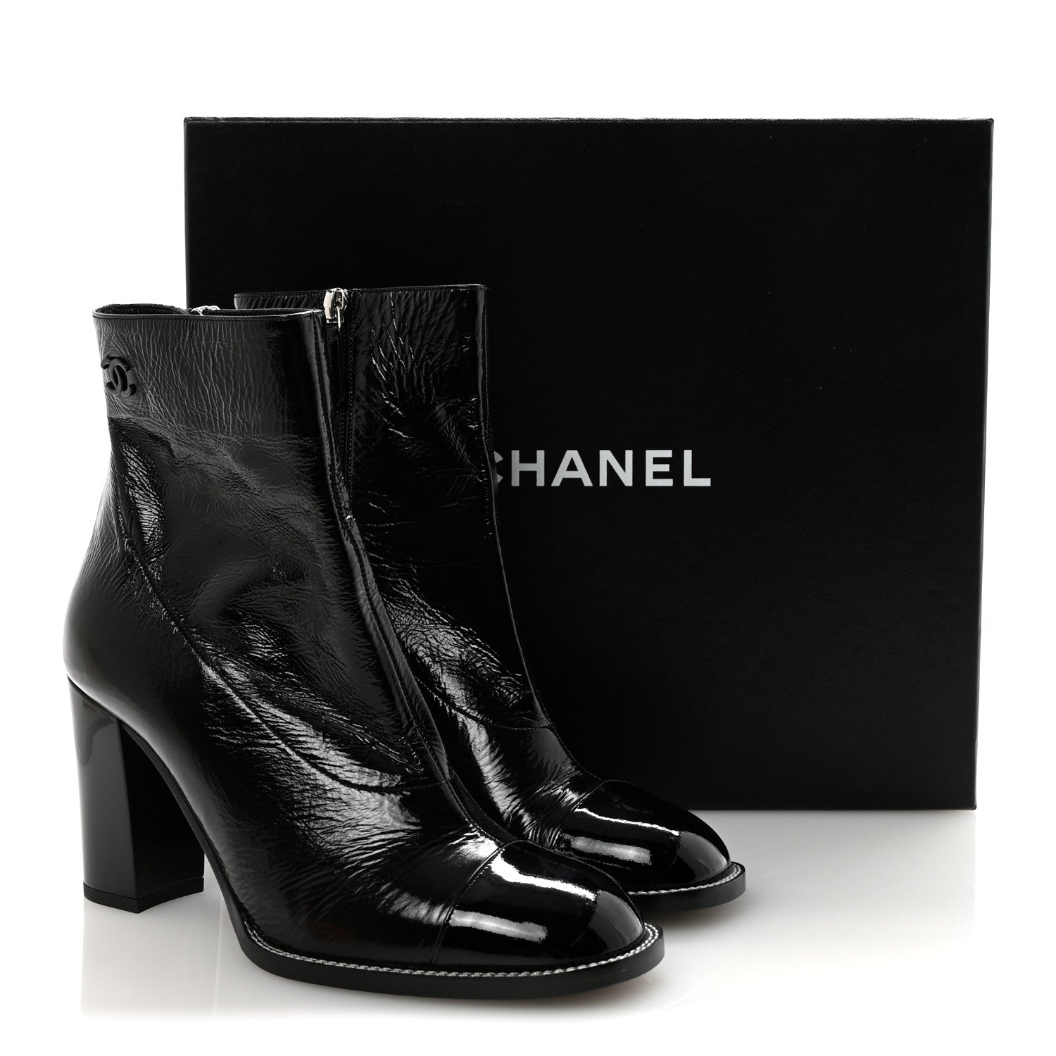 Chanel Shiny Calfskin Patent Cap Toe CC Short Boots 38.5 Black 20 of 20