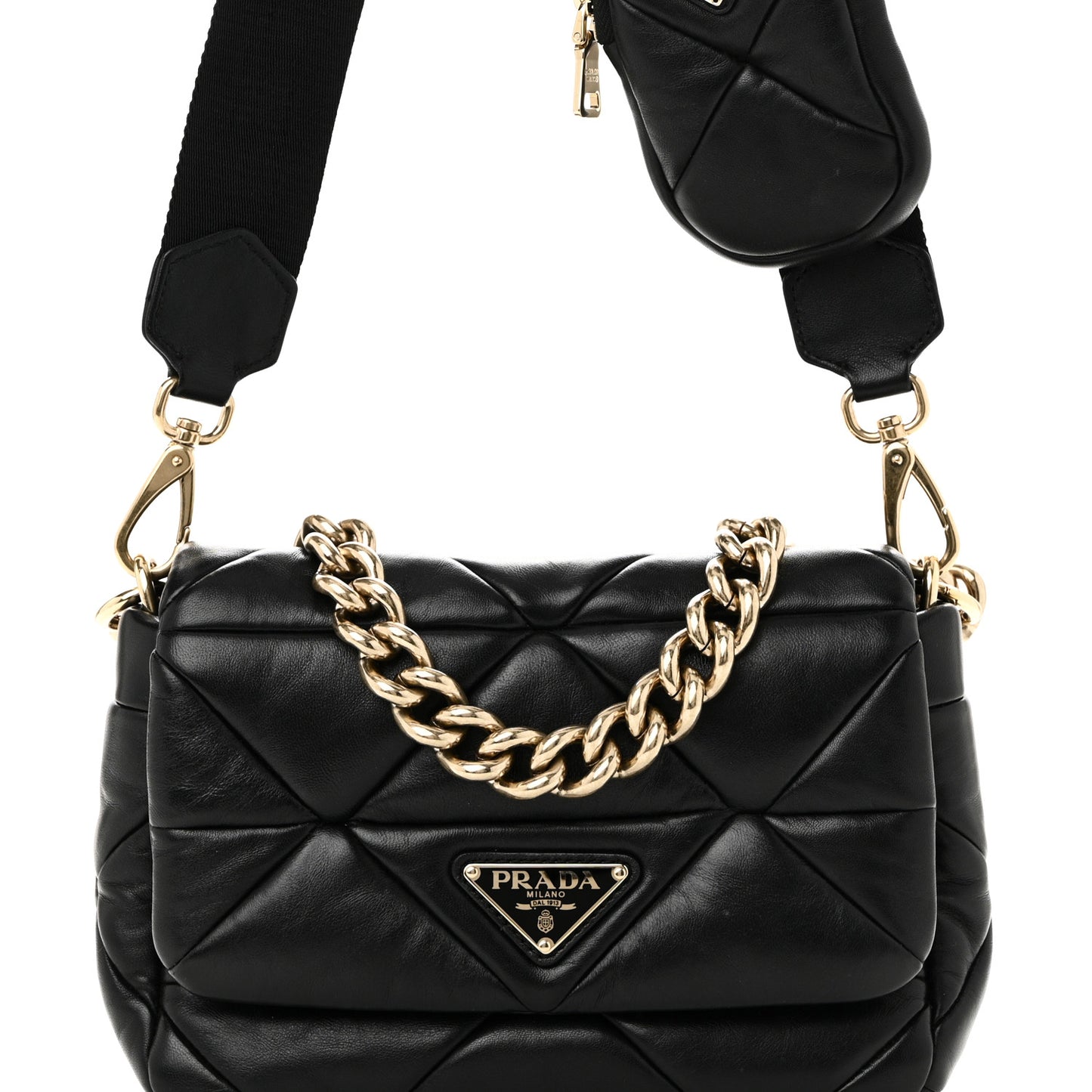 Nappa Re-Nylon Triangle Quilted Patchwork System Flap Shoulder Bag Black